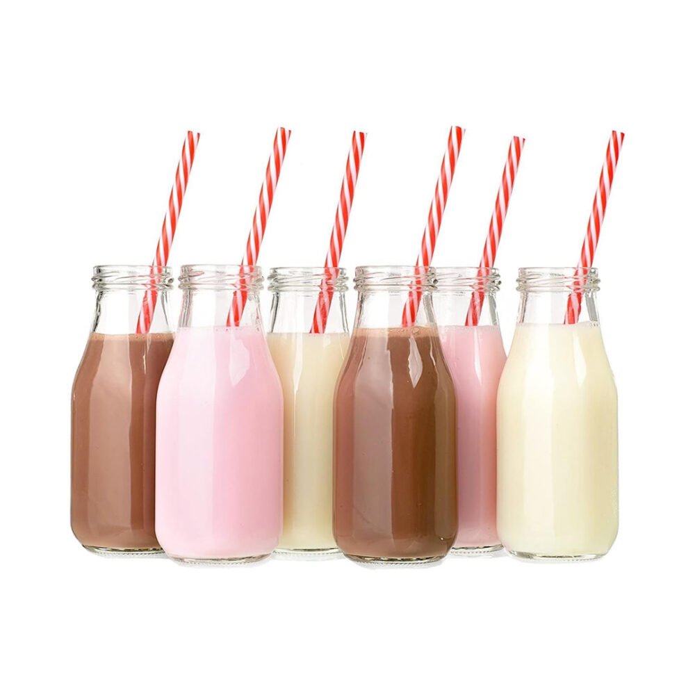 Glass Milk Bottles with Lids 300ml – Set of 6 Retro Mini Bottles